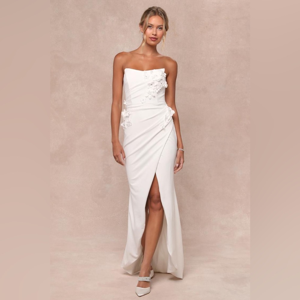 Lulus Glamorous Adoration White Strapless Floral Applique Maxi Dress